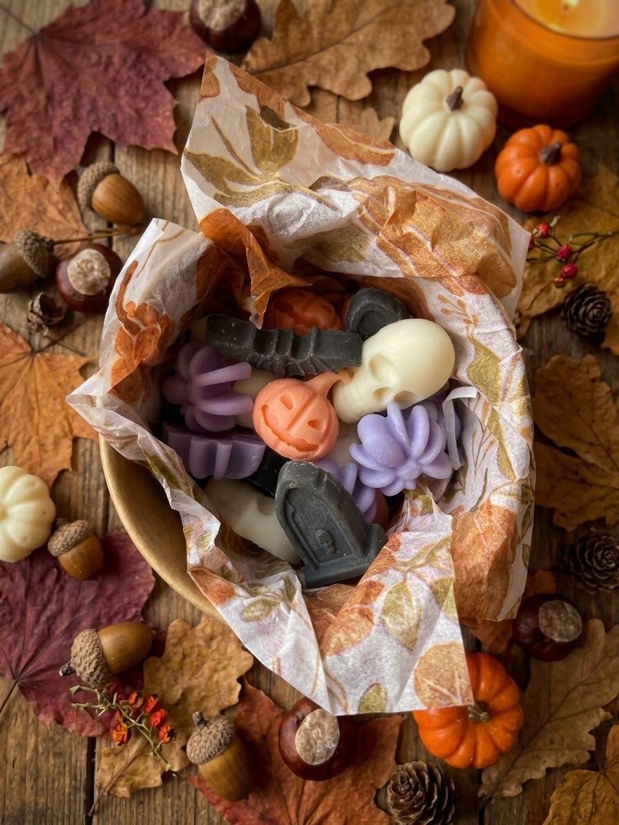 Close-up van Halloween wax melts in de vorm van schedels, pompoenen en vleermuizen op een herfstachtergrond met bladeren en eikels