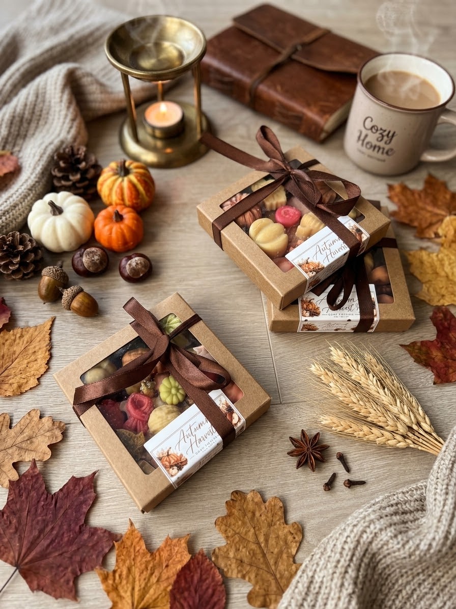 Luxe Herfst Wax Melts cadeauboxen van Cozy Cottage met herfstvormige geurtabletten en lint, omringd door herfstdecoratie