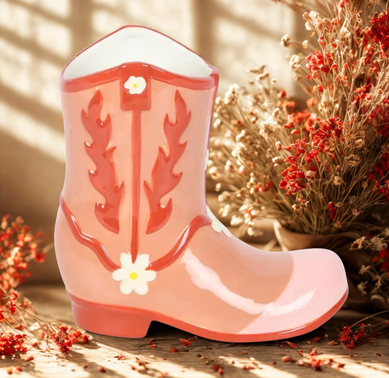 Cowboylaars vaas in roze en rood van keramiek