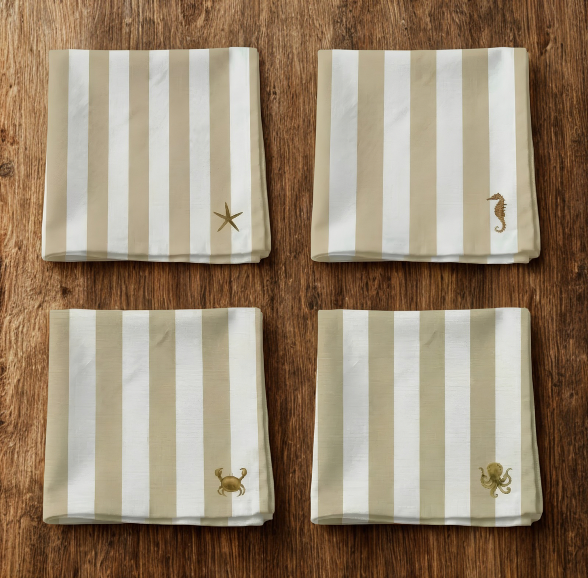 Katoenen Servetten met Zeedieren (Set van 4) - Beige & Wit Gestreept