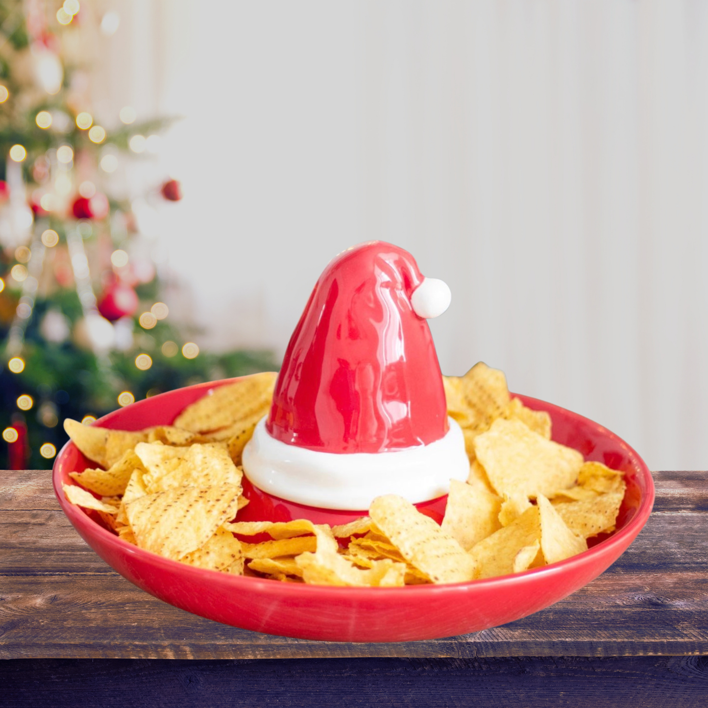 Feestelijke chips- en dipschaal in rood kerstdesign – perfect voor borrels en diners