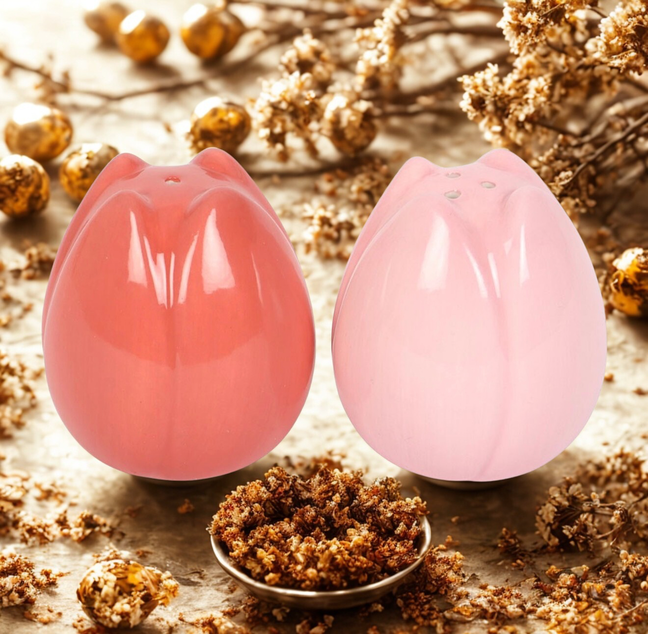 Een set peper en zoutstrooiers als tulpvormige tafeldecoratie, perfect als voorjaarscadeau uit de Bliss & Bloom lijn.