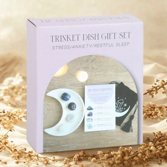 Stress & Anxiety Relief Crystal Set met 4 edelstenen en maanvormig schaaltje