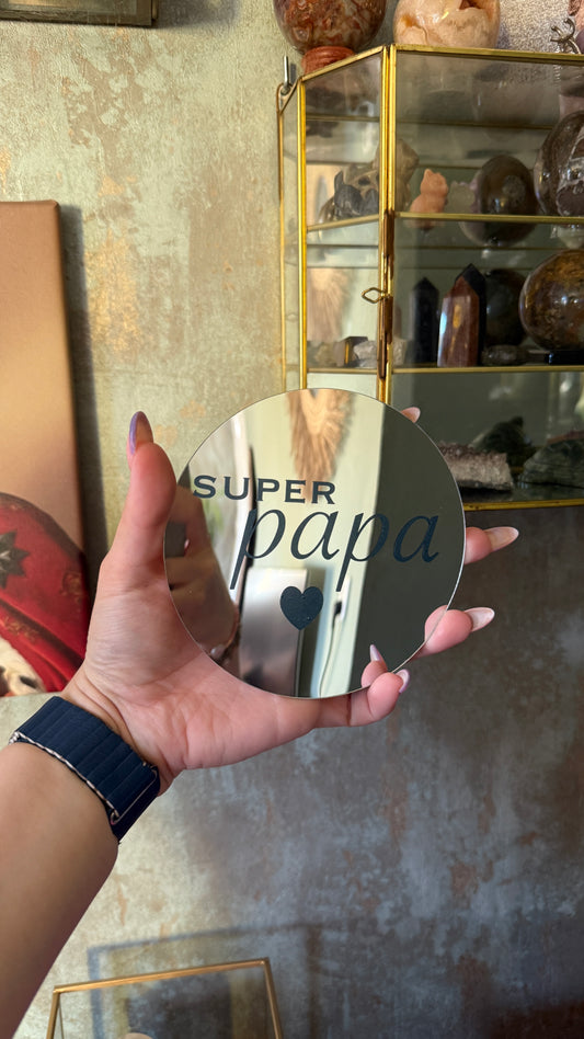 Spiegeltje met tekst “Super papa” – 12,5 cm – uniek cadeau voor vader