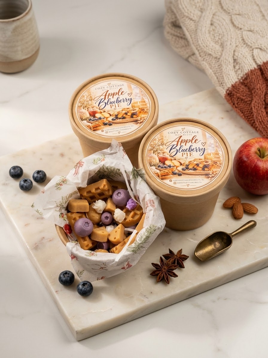 Close-up van Apple Blueberry Pie wax melts van RaVa Home in een kartonnen potje op een houten tafel bij een warme open haard met bosbessen en een theekopje.⁠