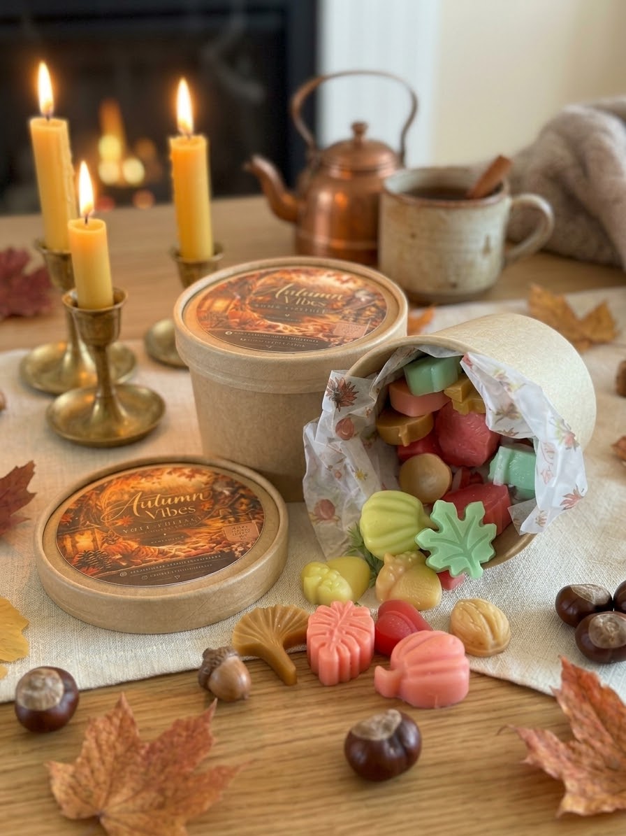 ⁠Herfst wax melts cadeauset van RaVa Home op een sfeervolle houten herfstavond achtergrond⁠