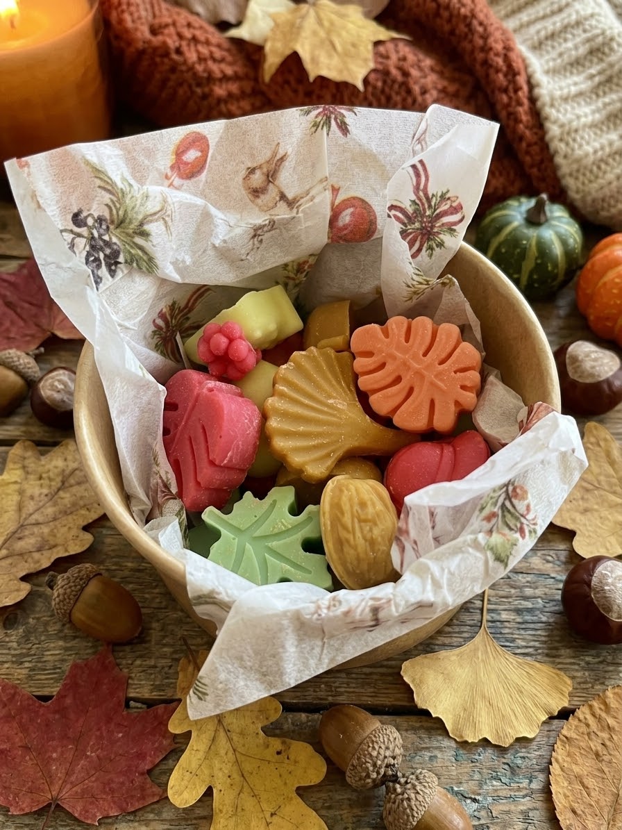 Close-up van gekleurde herfst wax melts in pompoen- en bladforms in een bakje met decoratieve herfstbladeren en eikels op een houten tafel⁠