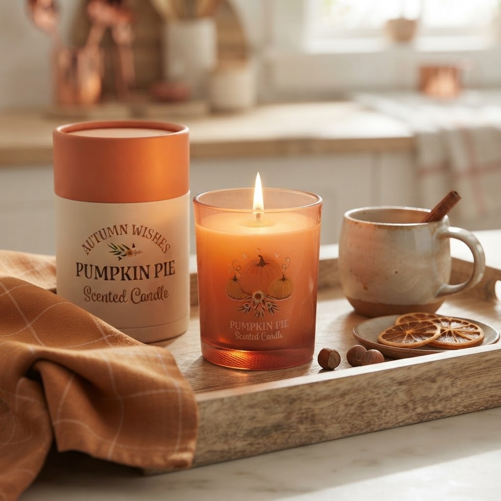 Een brandende amberkleurige geurkaars met pompoenillustraties en een bijpassende kartonnen koker, beiden gelabeld "Autumn Wishes Pumpkin Pie Scented Candle", staan op een rustieke houten tafel voor een knapperend haardvuur.