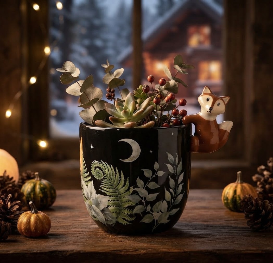 Gedetailleerde close-up van een bosgroene keramische plantenpot op een rustieke houten tafel. De pot is versierd met een witte maansikkel, sterren en botanische prints (varens en bladeren). Aan de rand van de pot hangt een schattig 3D vosje. De pot is gevuld met een mix van eucalyptus en vetplantjes, omringd door sfeervolle herfstdecoraties zoals mini-pompoenen en dennenappels. Op de achtergrond een besneeuwd huisje door een raam met kerstverlichting.