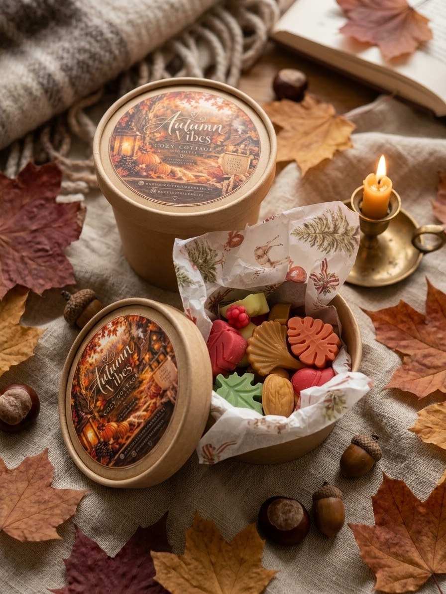⁠Handgemaakte wax melts in herfstvormen met gezellige herfstdecoratie, kaarslicht en bladeren op de achtergrond⁠