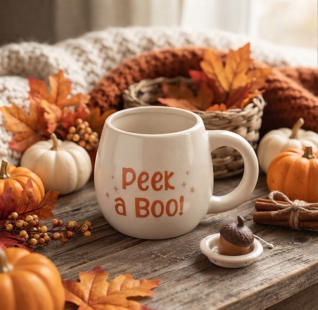 Close-up van de 'Peek a Boo!' herfstmok geplaatst op een warme houten tafel omringd door kleine pompoenen en herfstbladeren.