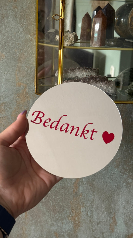 Spiegeltje met tekst "Bedankt" – rond spiegelcadeau van 12,5 cm om neer te zetten of op te hangen, perfect als bedankje voor een dierbare.
