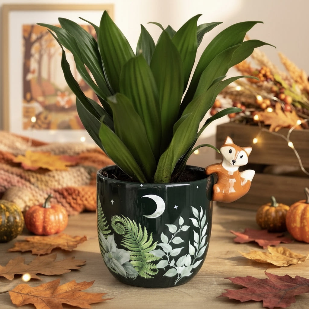 Een donkergroene keramieken bloempot met maan- en plantopdruk en een schattig vosje op de rand, gevuld met eucalyptus en vetplantjes op een rustieke houten tafel met herfstsfeer.