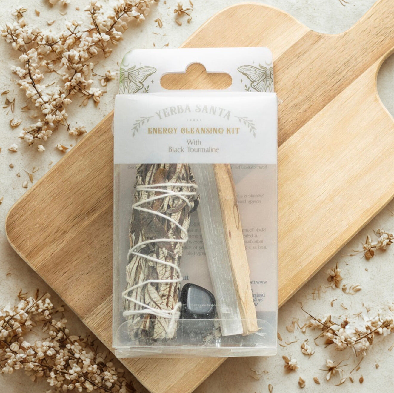 Energy cleansing kit met Yerba Santa smudge stick, Palo Santo, seleniet en zwarte toermalijn