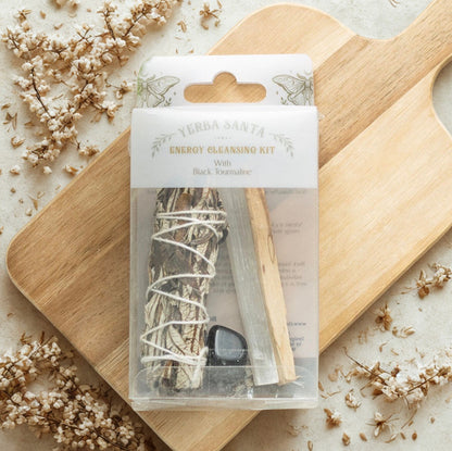 Energy cleansing kit met Yerba Santa smudge stick, Palo Santo, seleniet en zwarte toermalijn