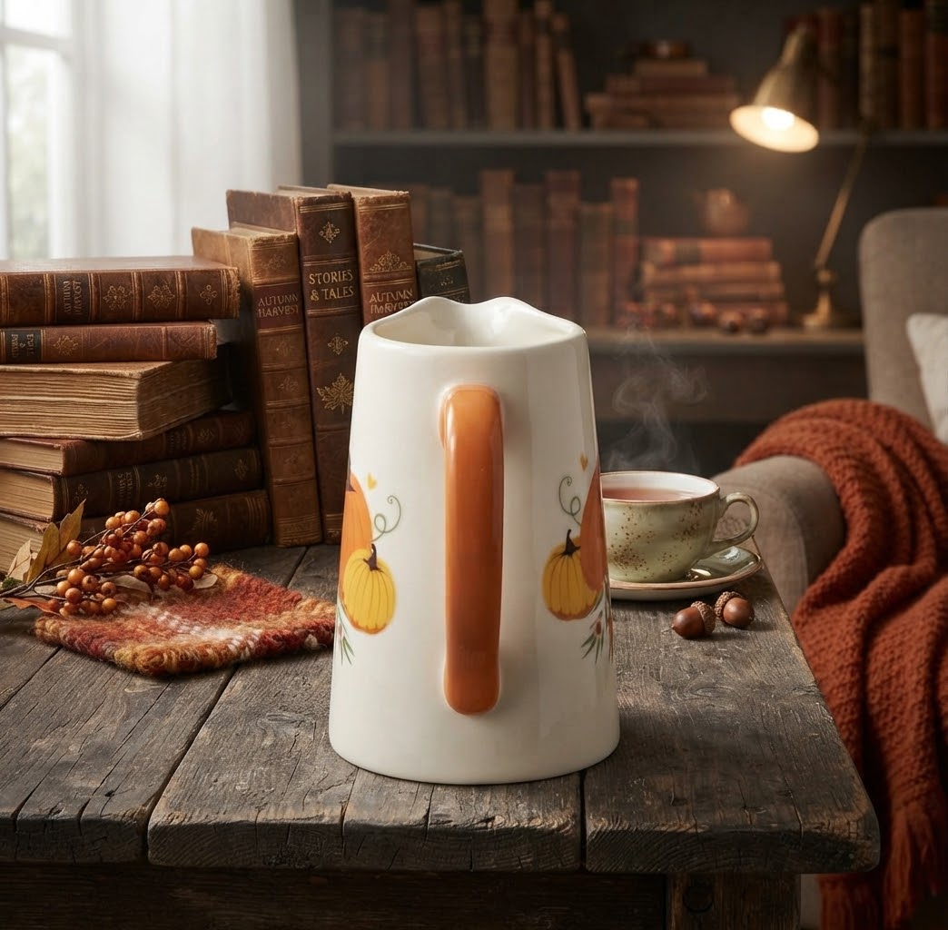Close-up van een decoratieve waterkan van wit keramiek met een opvallend oranje handvat. De kan is versierd met een illustratie van drie pompoenen, kleine hartjes en een bloemenkrans. Hij staat op een verweerd houten oppervlak met mini-pompoenen en herfstbladeren op de voorgrond.