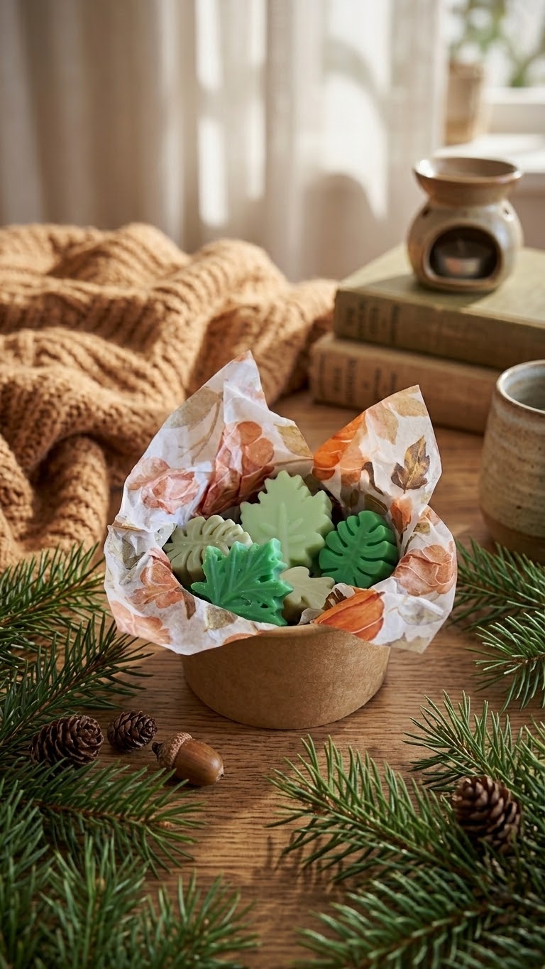 Twee geurige waxmelts uit de Enchanted Forest collectie, prachtig gedecoreerd met groene blaadjes die verspreiden in een heerlijke, rustgevende bosgeur.