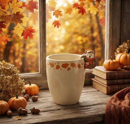 Een gezellige herfsttafereel met in het midden een bloempot versierd met herfstbladeren. Een klein egelbeeldje met een gebreide sjaal bungelt aan de rand van de pot, die gevuld is met een levendige groene plant. De pot staat op een rustieke houten ondergrond, omringd door vage pompoenen en herfstbladeren in de achtergrond.