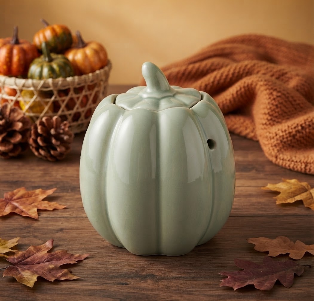 Een sfeervolle herfstfoto op een houten tafel met een saliegroene, keramische waxmeltbrander in de vorm van een pompoen. De bijpassende steel-vormige deksel ligt ernaast. De brander bevat een brandend waxinelichtje om de waxmelts te smelten. De achtergrond is een rijke verzameling van herfstbladeren, kleine pompoenen, bessen, dennenappels en een zachte groene deken, verlicht door warm, diffuus zonlicht.