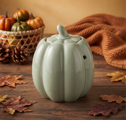 Een sfeervolle herfstfoto op een houten tafel met een saliegroene, keramische waxmeltbrander in de vorm van een pompoen. De bijpassende steel-vormige deksel ligt ernaast. De brander bevat een brandend waxinelichtje om de waxmelts te smelten. De achtergrond is een rijke verzameling van herfstbladeren, kleine pompoenen, bessen, dennenappels en een zachte groene deken, verlicht door warm, diffuus zonlicht.