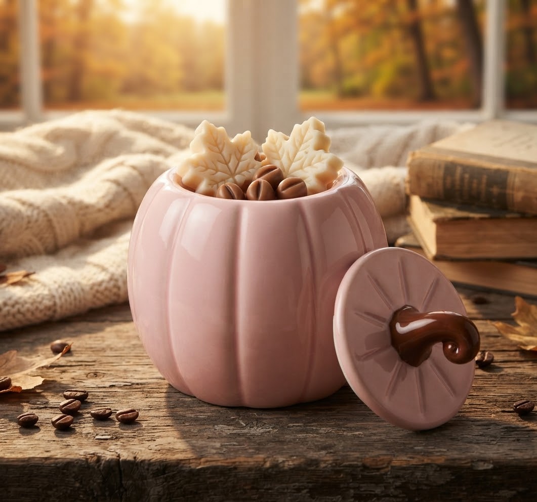 Gezellig herfsttafereel met een roze pompoen-geurbrander als middelpunt op een houten oppervlak. Met op de achtergrond een stapel boeken, wollen dekens en kleine vilten pompoenen voor een warm gevoel.