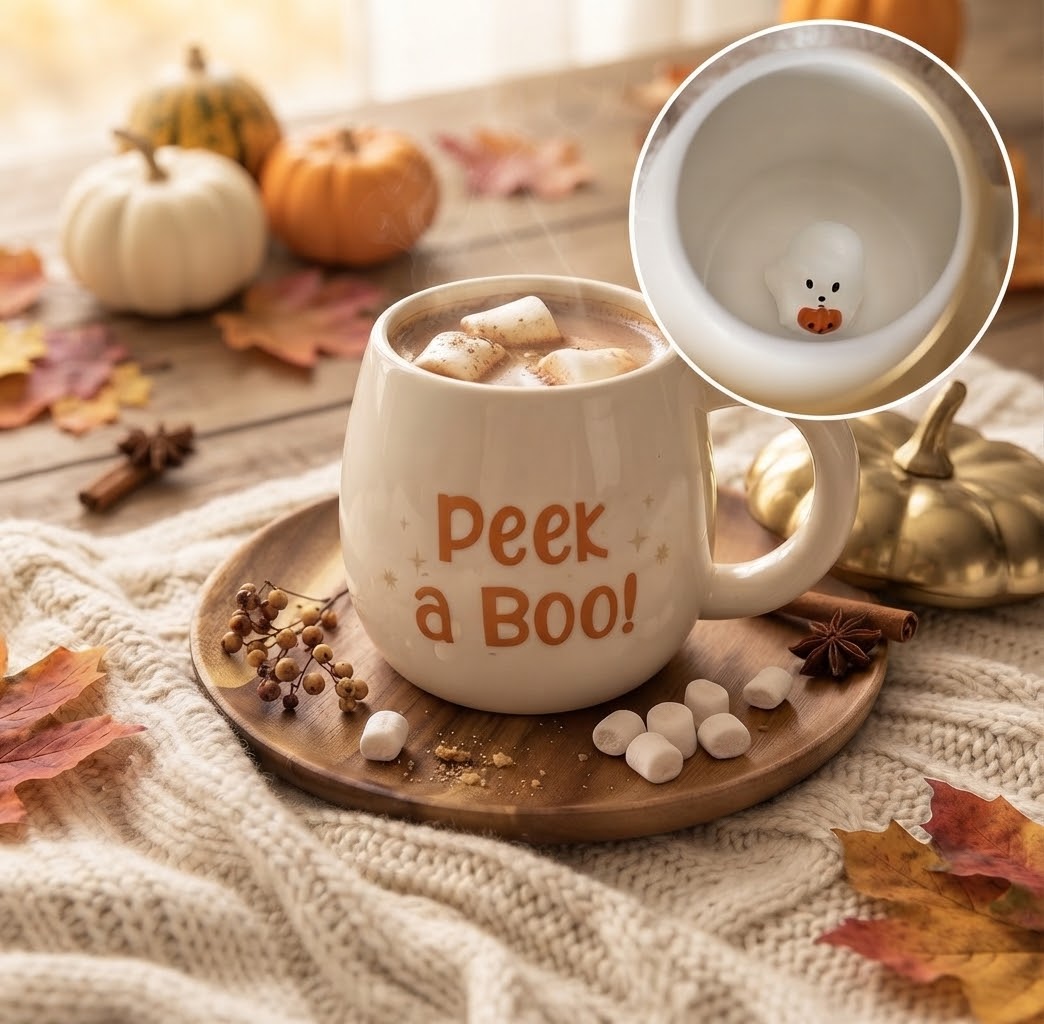 Een sfeervolle witte keramieken mok met de oranje tekst 'Peek a Boo!' en herfstdetails op de achtergrond.