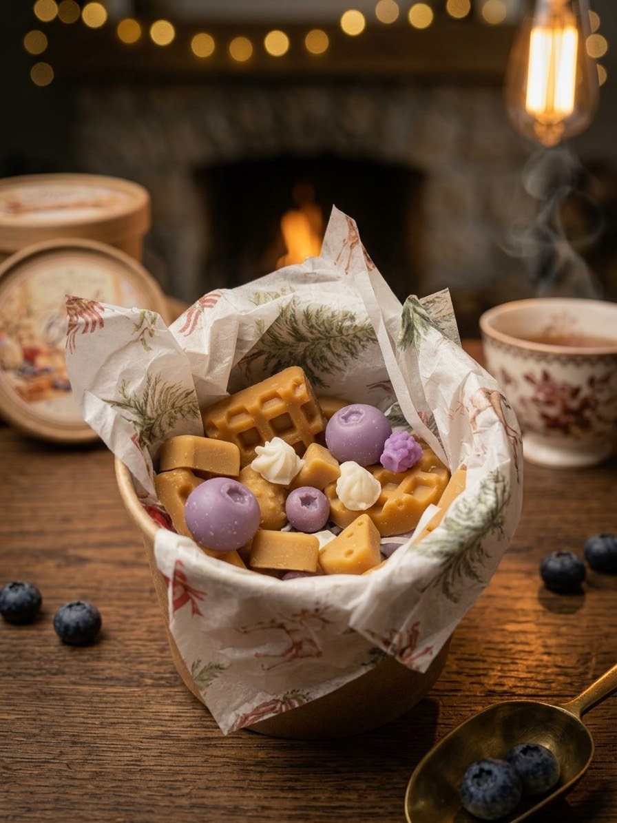 Gedetailleerde weergave van RaVa Home wax melts in de vorm van wafeltjes en bosbessen in feestelijk vloeipapier met sfeervolle kerstverlichting op de achtergrond.⁠