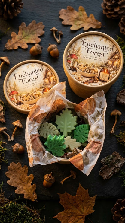 Een sfeervolle close-up van handgemaakte waxmelts genaamd Enchanted Forest, verrijkt met gedroogde groene blaadjes en een frisse bosachtige geur.