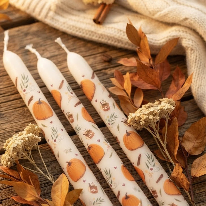 Een set van drie tapstoelopende kaarsen met een herfstthema, versierd met illustraties van pompoenen, mokken en bladeren, geplaatst op een rustieke houten tafel met herfstdecoraties.