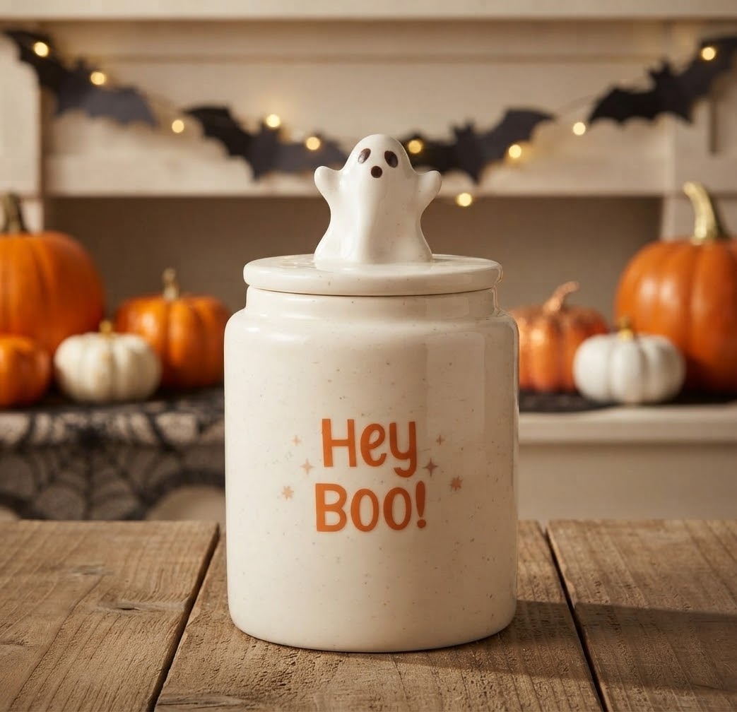 Een close-up productfoto van een beige, gespikkelde keramische voorraadpot met de oranje tekst "Hey Boo!" erop. De bijpassende deksel, met een schattig, gedetailleerd wit spookje als handvat, ligt ernaast. De achtergrond is een warme, vervaagde bibliotheek met oude boeken en apothekersflessen, verlicht door een bureaulamp.