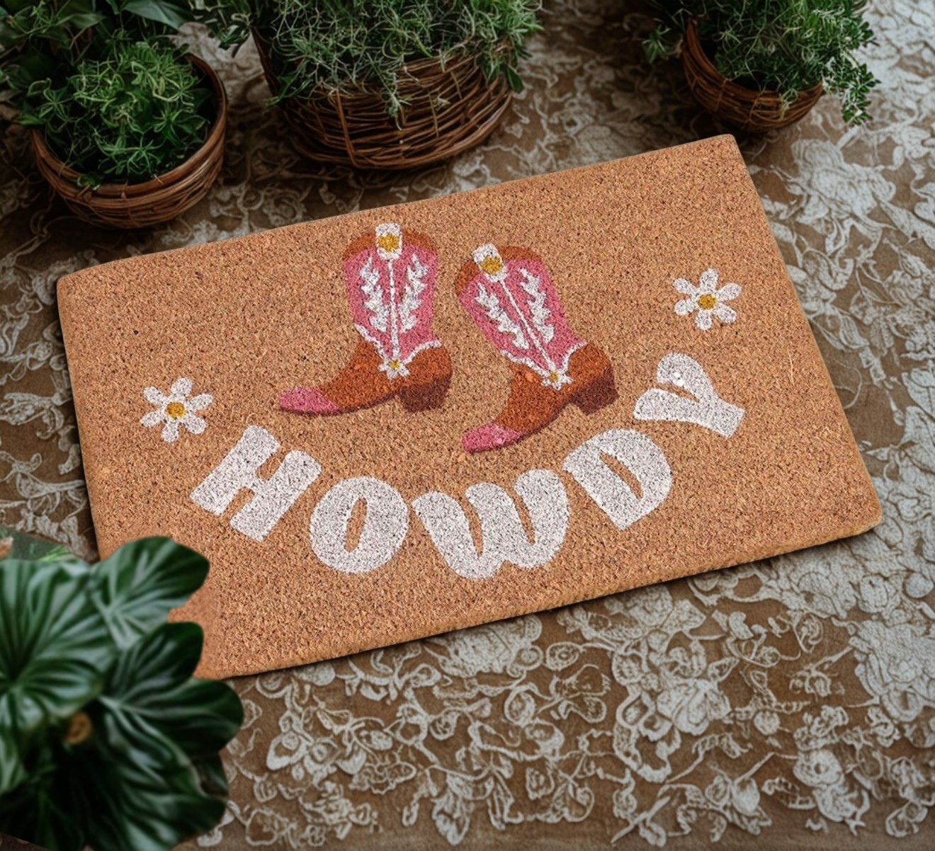 Howdy deurmat met roze cowboylaarzen en bloemenprint