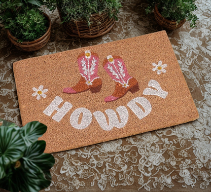 Howdy deurmat met roze cowboylaarzen en bloemenprint