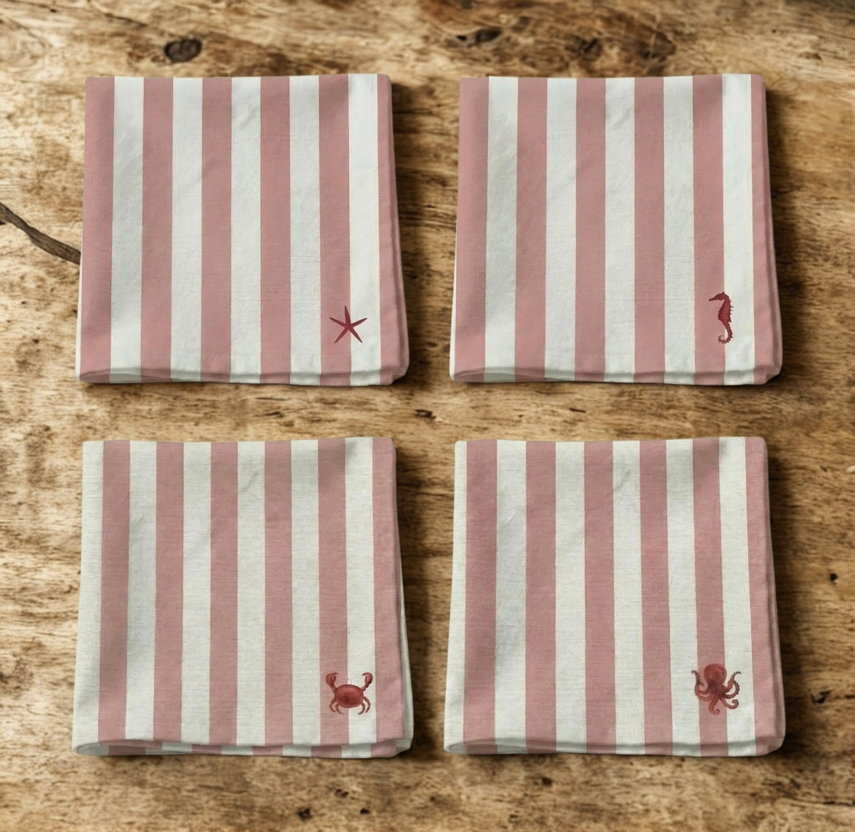Katoenen Servetten met Zeedieren (Set van 4) – Roze & Wit Gestreept