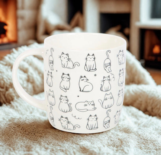 Witte kattenmok met minimalistische kattenlijnen, 350 ml, perfecte mok voor koffie en thee