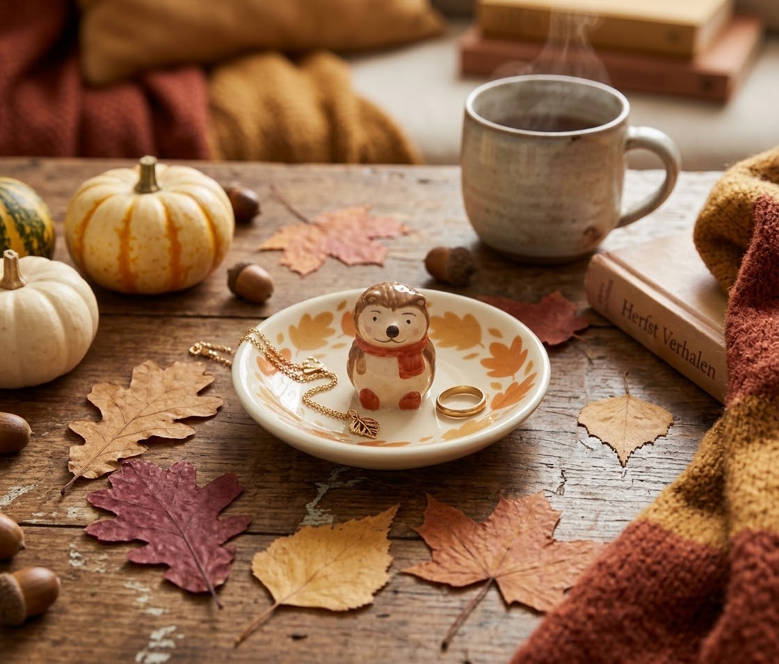 Een gezellige herfstproductfoto van een klein keramisch schaaltje op een rustieke houten tafel, met in het midden een schattig egel-figuurtje met een oranje sjaaltje. In het schaaltje liggen een gouden ring en een kettinkje. Om het schaaltje heen liggen herfstbladeren, eikeltjes en kleine pompoenen, met op de achtergrond een stomende mok thee en een warme plaid.