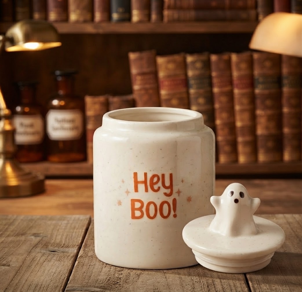 Een gedetailleerde studio-opname van een beige voorraadpot met donkere spikkels, voorzien van de tekst "Hey Boo!" in oranje letters. Het deksel, met daarop een klein wit spookfiguurtje als knop, is verwijderd en ligt rechts van de pot op een rustieke houten tafel. Op de achtergrond staan boekenplanken en vintage flessen.