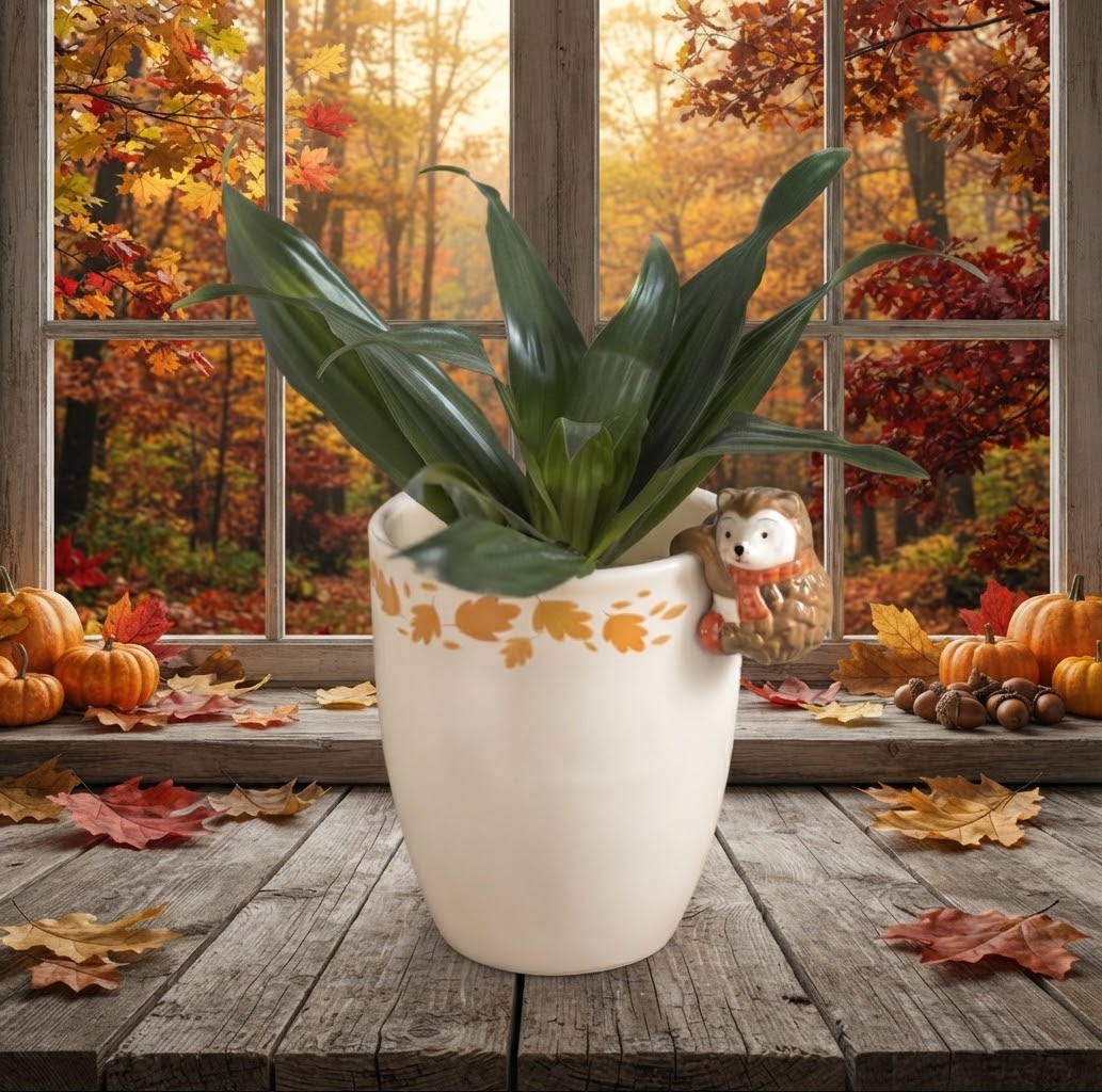 Een close-up foto van een crèmekleurige keramische bloempot met een geschilderd herfstblaadjespatroon. Een schattig 3D-egeltje met een oranje sjaal om zijn nek hangt aan de rand van de pot en kijkt over de bladeren heen. De pot is gevuld met een weelderige groene plant. Op de achtergrond staan onscherpe pompoenen en gevallen bladeren op een houten tafel.