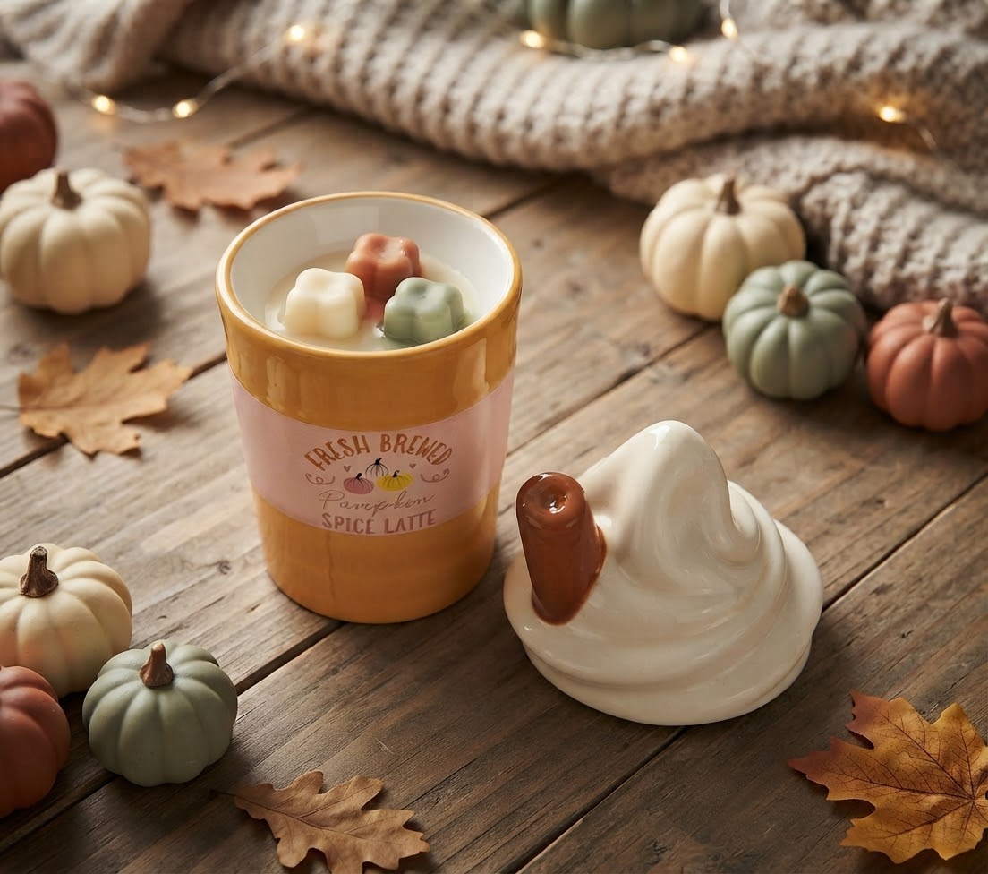 Oranje keramische waxmeltsbrander beker met geurblokjes (bruin, crème, groen) en deksel met kaneelstokje, omgeven door decoratieve pompoenen