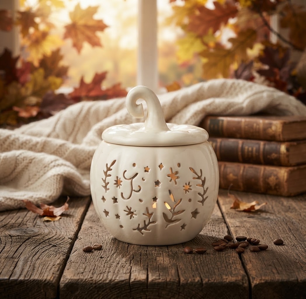 Gedetailleerde productfoto van een crèmekleurige, glanzende keramische geurbrander in de vorm van een pompoen. Het product staat op een verweerde houten plank en wordt van binnenuit verlicht door een brandend theelichtje, waardoor de uitgesneden ster- en bladmotieven oplichten. Het deksel met een krulsteel zit op de houder. Daaromheen liggen decoratieve elementen zoals koffiebonen en herfstbladeren.