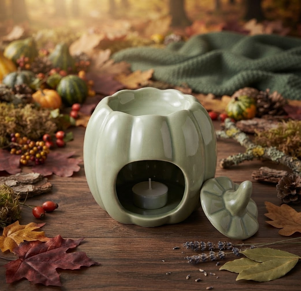 Een gedetailleerde studio-opname van een saliegroene waxmeltbrander gemaakt van geglazuurd keramiek, gevormd als een klassieke herfstpompoen. Het deksel, met een gedetailleerde steel, is verwijderd en ligt rechts van de basis. Binnenin de opening bevindt zich een brandend wit waxinelichtje. De ondergrond is een donkere houten plank, rijkelijk gedecoreerd met gedroogde herfstbladeren, mini-pompoenen, wilde bessen, takjes en mos.