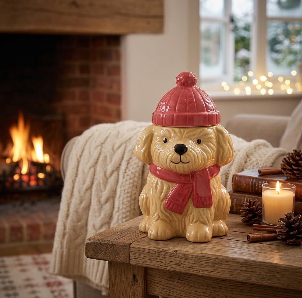 Keramische waxmelts brander in de vorm van een schattige blonde puppy met een rode muts en een bijpassende sjaal.