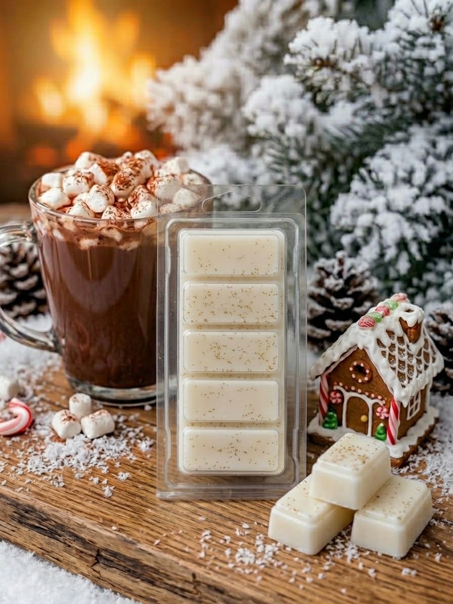 Witte White Christmas waxmeltbar met glitters en de blokjeskant naar voren, met een besneeuwde kerstboom, peperkoekhuisje en warme chocolademelk op de achtergrond.