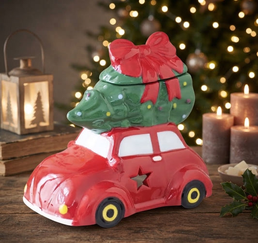 Kerst waxmeltsbrander in de vorm van een rode auto met kerstboom, sfeervolle waxmeltsbrander voor kerstdecoratie en heerlijke kerstgeuren