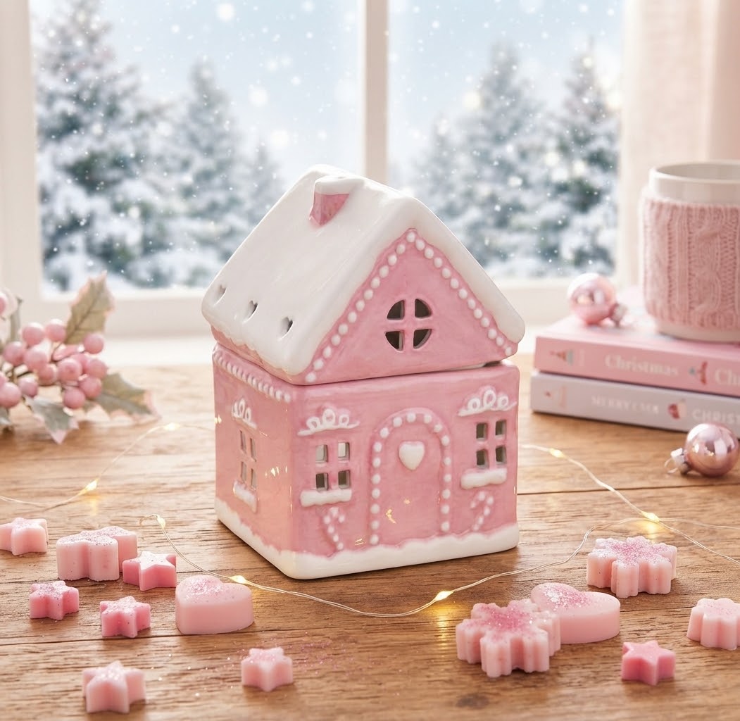 Kerst waxmeltsbrander in de vorm van een roze huisje met witte details, decoratieve waxmelt brander voor een sfeervolle kerstsfeer in huis