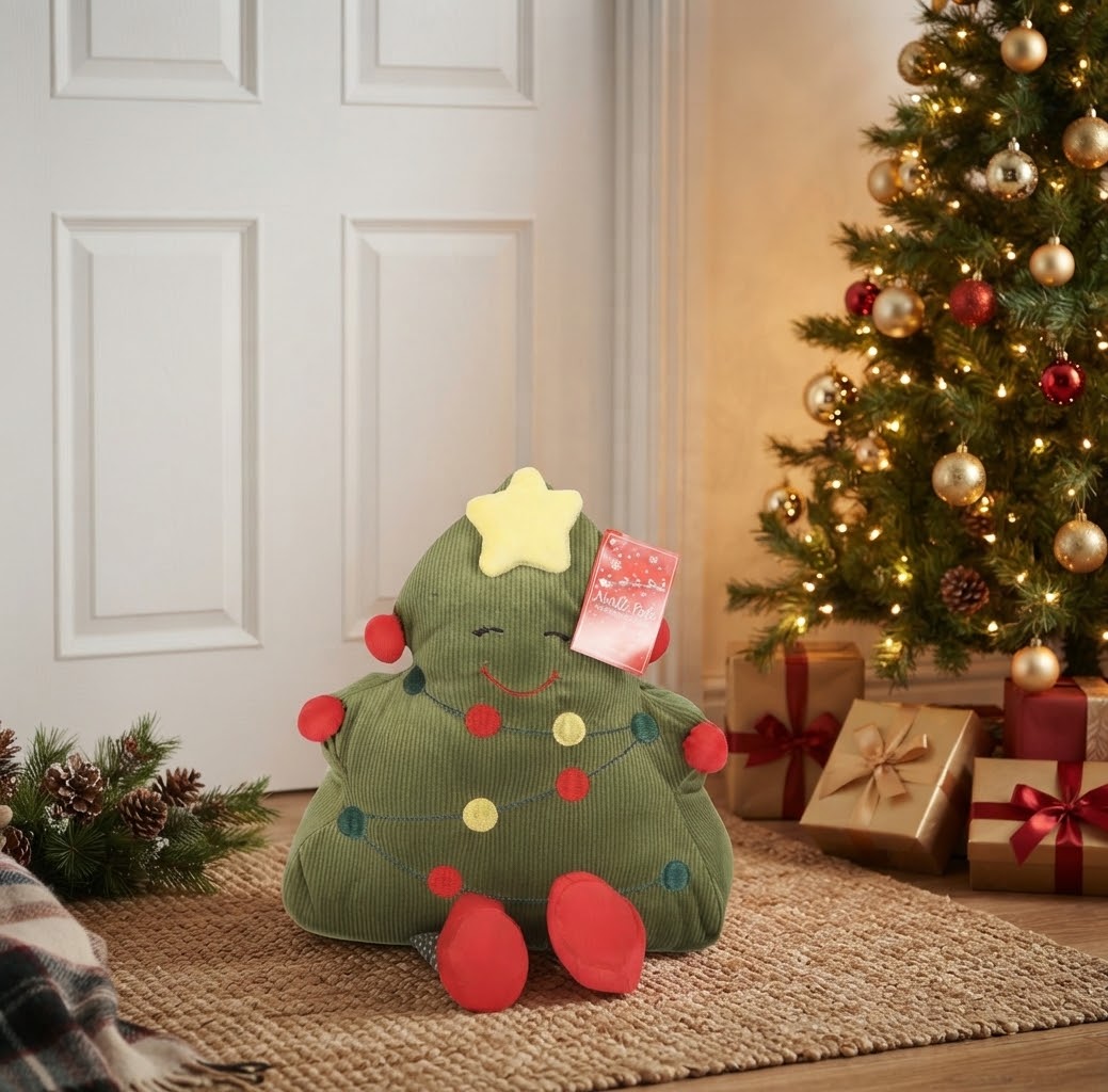 Decoratieve kerstboom deurstopper met schattig gezichtje voor het openhouden van een deur tijdens de feestdagen