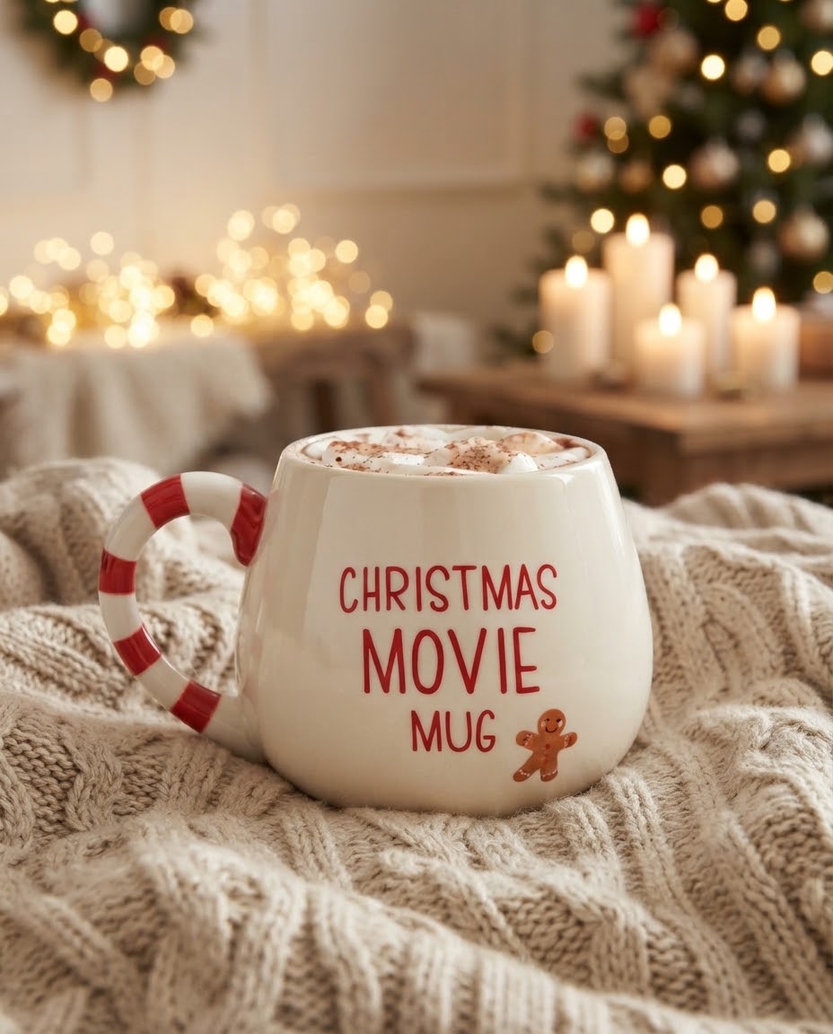 Feestelijke Christmas Movie kerstmok met gingerbread mannetje, perfect voor warme chocolademelk, koffie en thee tijdens de feestdagen