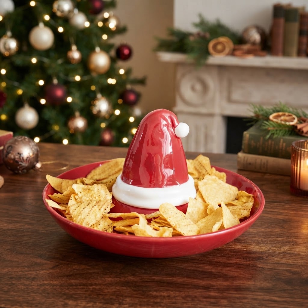 Rode keramieken kerstschaal Santa’s Chips & Dip met apart dipschaaltje in de vorm van een kerstmuts
