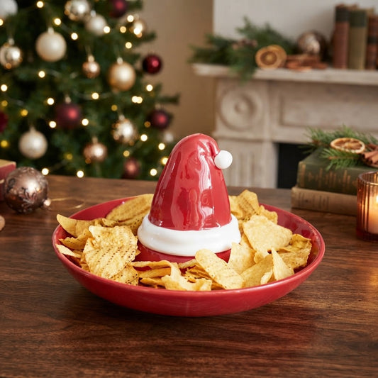 Rode keramieken kerstschaal Santa’s Chips & Dip met apart dipschaaltje in de vorm van een kerstmuts