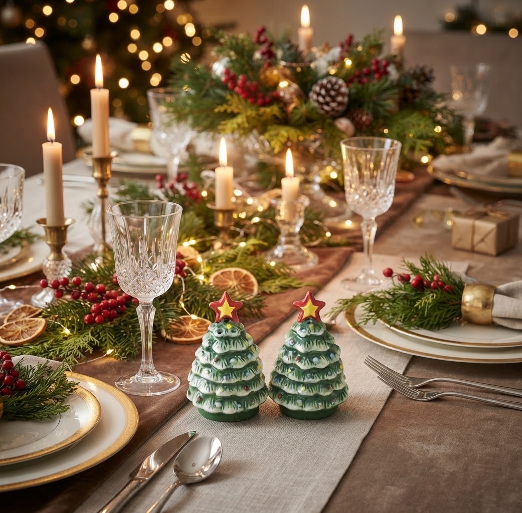 Sfeervol peper en zoutstel met kerstboompjes voor een feestelijke kersttafel, passend bij kerstservies en andere kerstdecoratie