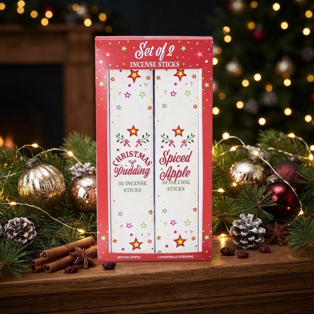 Feestelijk verpakte kerstwierookset met de geuren Christmas Pudding en Spiced Apple, sfeervolle kerstwierook voor een warme en gezellige kerstsfeer in huis